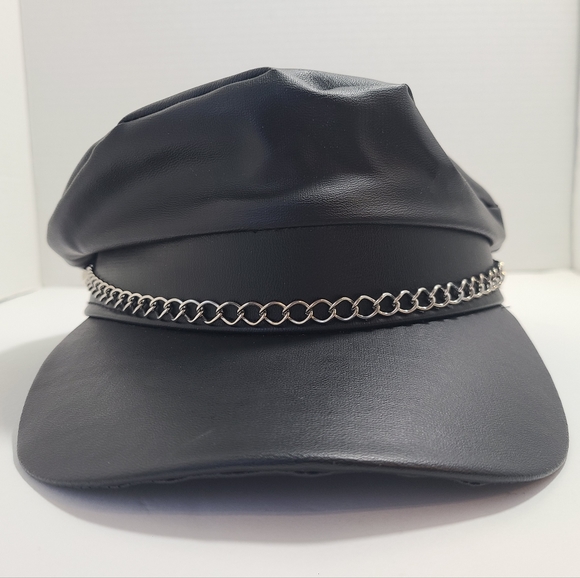 Black Biker Cap Hat w/ Chain Halloween Costume One Size OS Cosplay Alternative - Picture 6 of 7